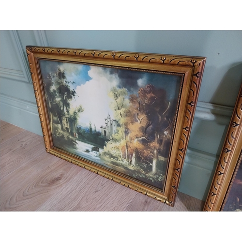 726 - Pair of vintage French coloured prints mounted in gilt frames {36 cm H x 46 cm W}.