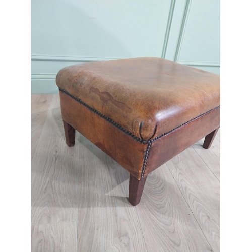 73 - French hand-dyed leather upholstered foot stool raised on square tapered legs {37 cm H x 62 cm W x 4... 