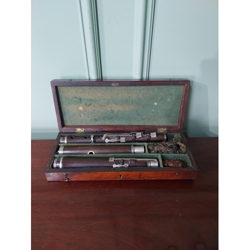 731 - 19th C. Monzani rosewood flute with white metal keys in original mahogany and satinwood inlaid case ... 