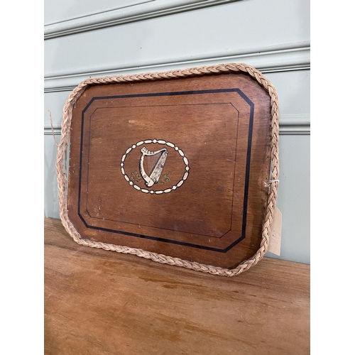 739 - 1950s Irish painted wooden and wicker drinks tray depicting Harp and shamrocks {42 cm H x 54 cm W}.