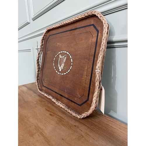 739 - 1950s Irish painted wooden and wicker drinks tray depicting Harp and shamrocks {42 cm H x 54 cm W}.