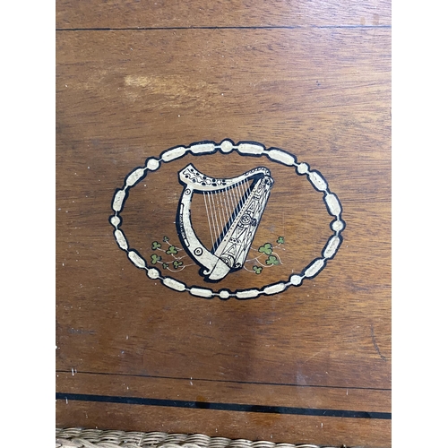 739 - 1950s Irish painted wooden and wicker drinks tray depicting Harp and shamrocks {42 cm H x 54 cm W}.