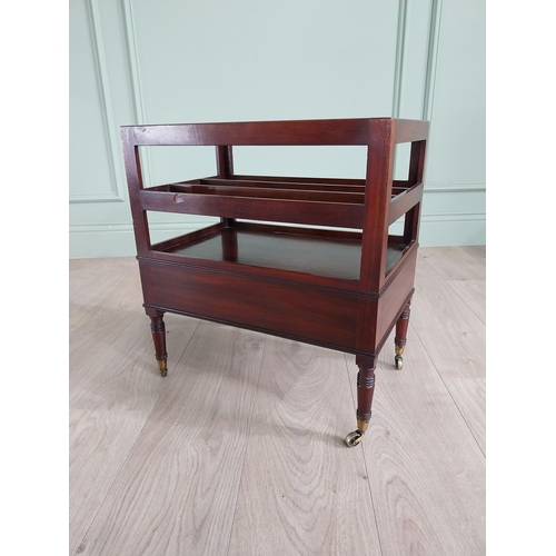 752 - Good quality 19th C. mahogany canterbury with single drawer raised on turned legs and brass castors ... 