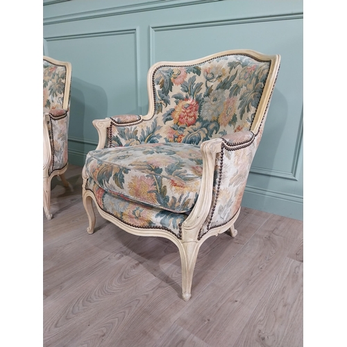 757 - Pair of good quality Edwardian French painted walnut and upholstered armchairs raised on cabriole le... 