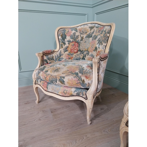 757 - Pair of good quality Edwardian French painted walnut and upholstered armchairs raised on cabriole le... 