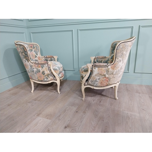 757 - Pair of good quality Edwardian French painted walnut and upholstered armchairs raised on cabriole le... 