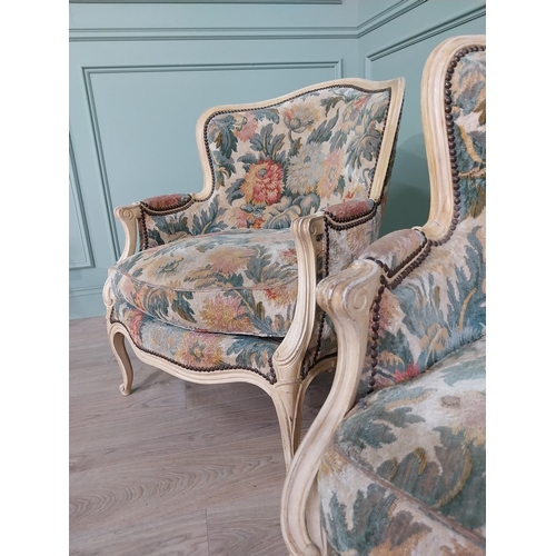 758 - Pair of good quality Edwardian French painted walnut and upholstered armchairs raised on cabriole le... 