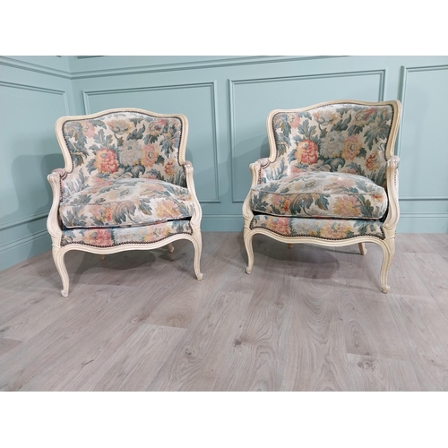 758 - Pair of good quality Edwardian French painted walnut and upholstered armchairs raised on cabriole le... 