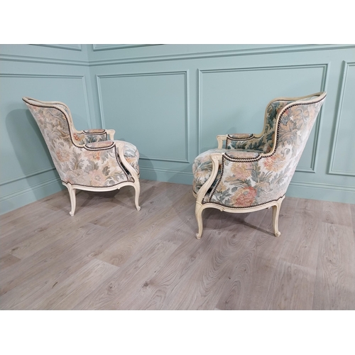 758 - Pair of good quality Edwardian French painted walnut and upholstered armchairs raised on cabriole le... 