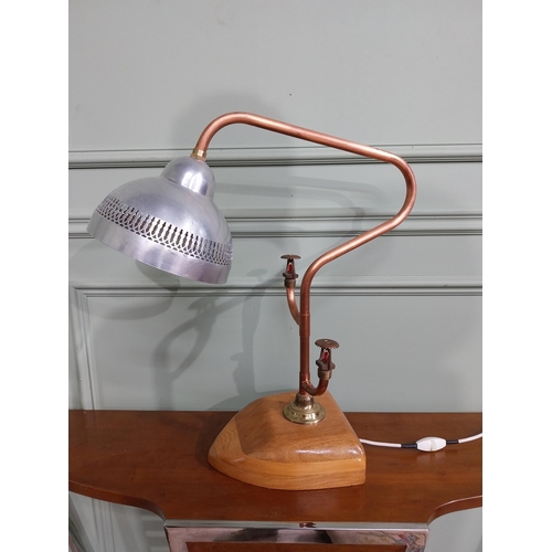 777 - Brass and copper Steam Punk table lamp mounted on oak plinth {57 cm H x 50 cm W x 20 cm D}.