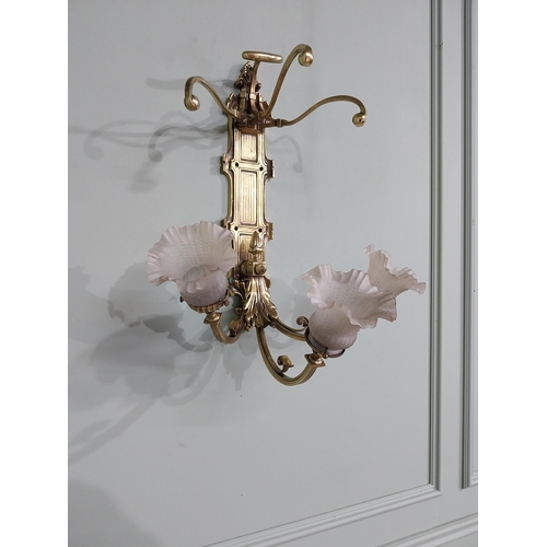 785 - Edwardian brass wall light with three tulip glass shades {55 cm H x 47 cm W x 39 cm D}.