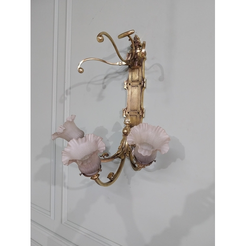 785 - Edwardian brass wall light with three tulip glass shades {55 cm H x 47 cm W x 39 cm D}.