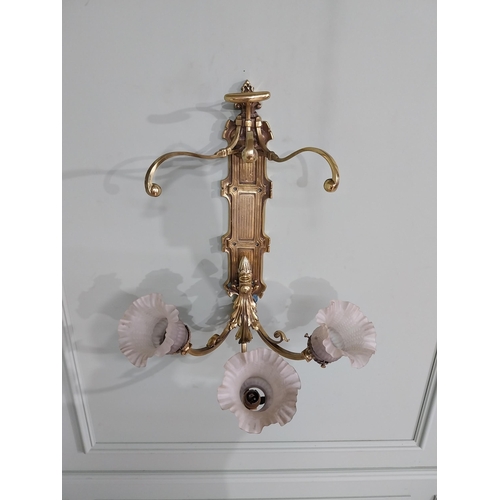 785 - Edwardian brass wall light with three tulip glass shades {55 cm H x 47 cm W x 39 cm D}.