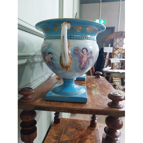 791 - Pair of good quality French hand painted ceramic jardinières decorated with Cherubs and swags {24 cm... 