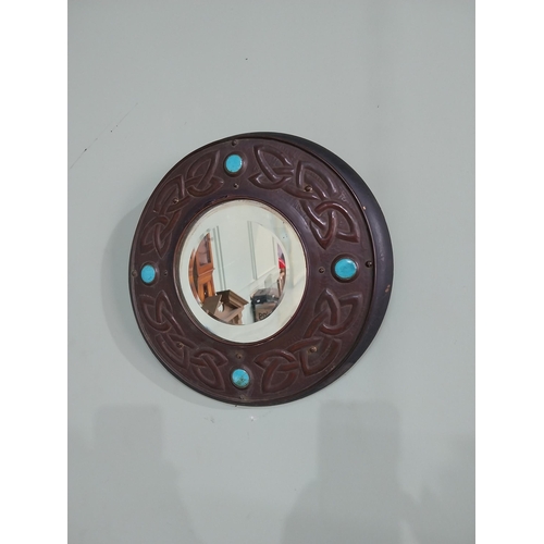 795 - Irish Celtic design copper wall mirror with blue stones {32 cm Dia.}.