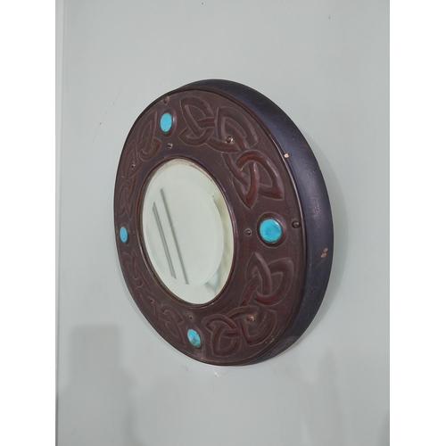 795 - Irish Celtic design copper wall mirror with blue stones {32 cm Dia.}.