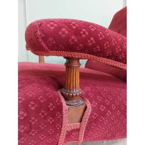 800 - 19th C. Jones of Dublin upholstered easy chair raised on oak reeded legs and brass castors {80 cm H ... 