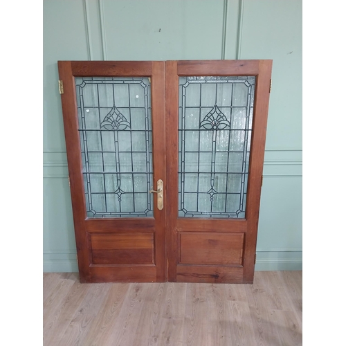 820 - Pair of good quality pitch pine double doors with Art Nouveau stained glass panels {207 cm H x 173 c... 