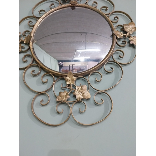 837 - Vintage brass convex wall mirror decorated with Ivy leaf {59 cm H x 46 cm W}.