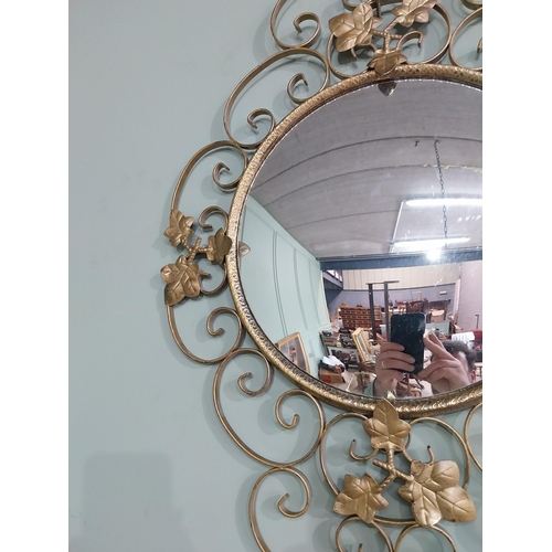 837 - Vintage brass convex wall mirror decorated with Ivy leaf {59 cm H x 46 cm W}.