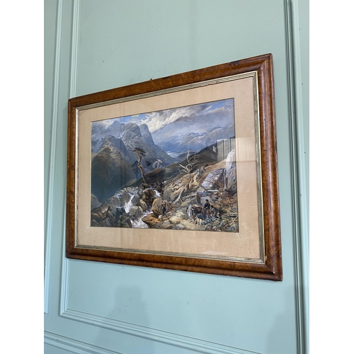 838 - 19th C. Wild highland scene watercolour mounted in walnut frame {73 cm H x 91 cm W}.