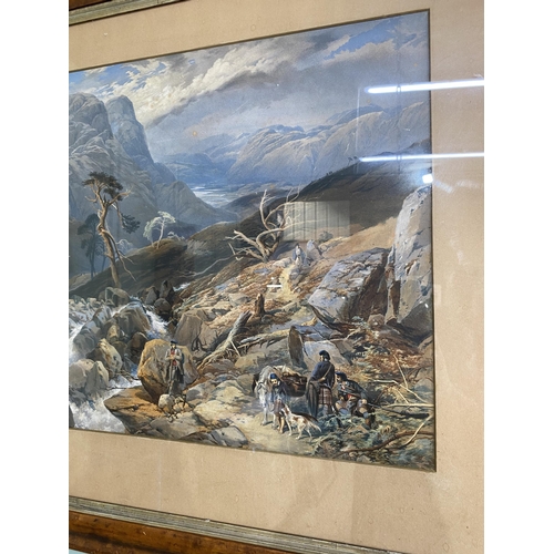 838 - 19th C. Wild highland scene watercolour mounted in walnut frame {73 cm H x 91 cm W}.