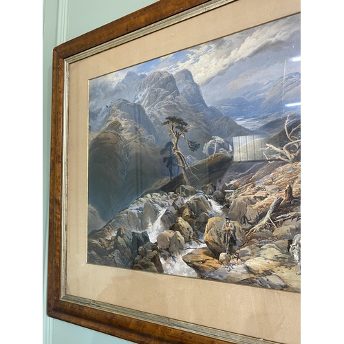 838 - 19th C. Wild highland scene watercolour mounted in walnut frame {73 cm H x 91 cm W}.