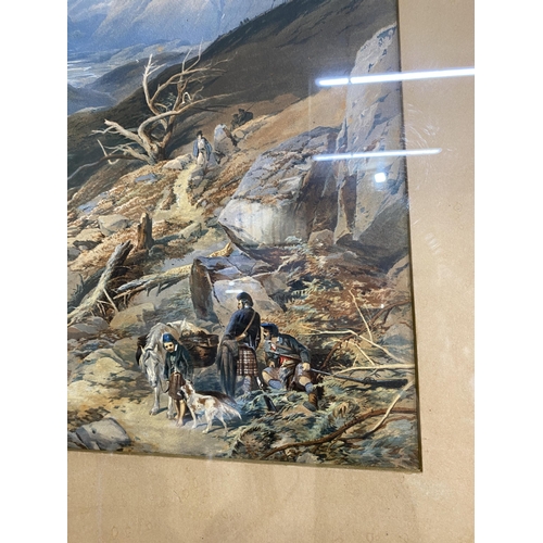 838 - 19th C. Wild highland scene watercolour mounted in walnut frame {73 cm H x 91 cm W}.