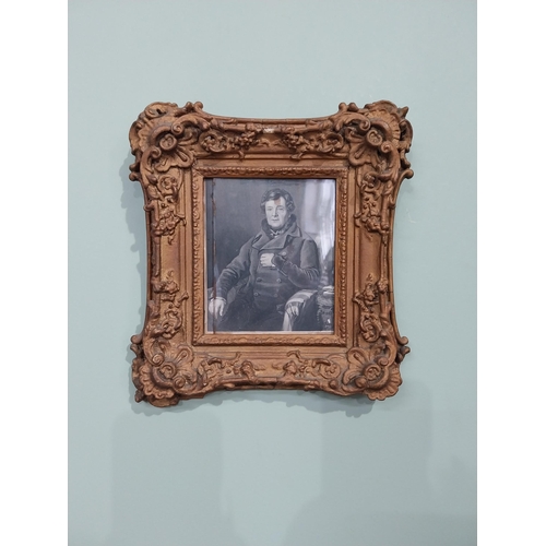 84 - Pair of 19th C. black and white portraits mounted in decorative giltwood frames {23 cm H x 20 cm W A... 