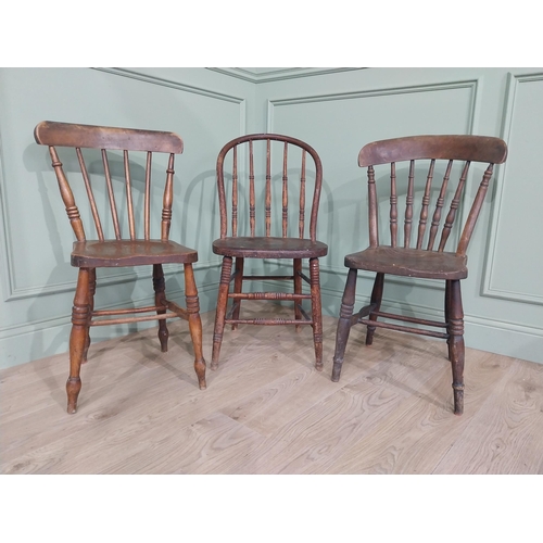 842 - Three 19th C. ash and elm kitchen chairs raised on turned legs and stretchers {Approx. 84 cm H x 37 ... 