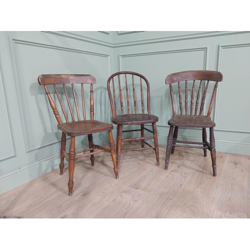 842 - Three 19th C. ash and elm kitchen chairs raised on turned legs and stretchers {Approx. 84 cm H x 37 ... 