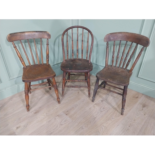 842 - Three 19th C. ash and elm kitchen chairs raised on turned legs and stretchers {Approx. 84 cm H x 37 ... 