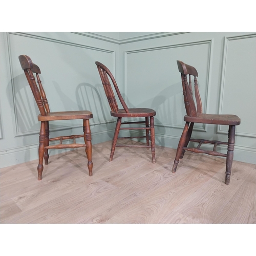 842 - Three 19th C. ash and elm kitchen chairs raised on turned legs and stretchers {Approx. 84 cm H x 37 ... 