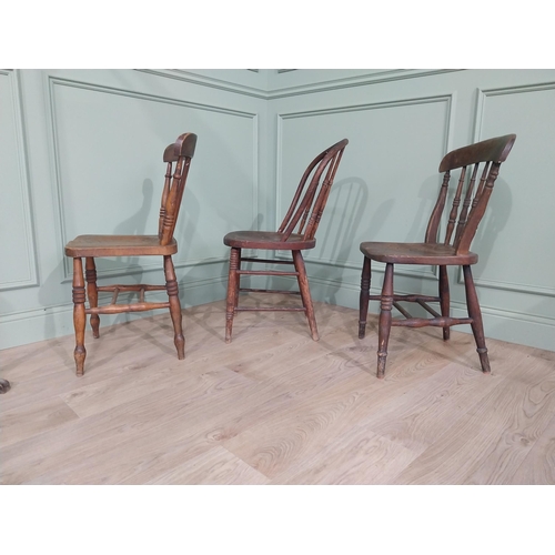 842 - Three 19th C. ash and elm kitchen chairs raised on turned legs and stretchers {Approx. 84 cm H x 37 ... 