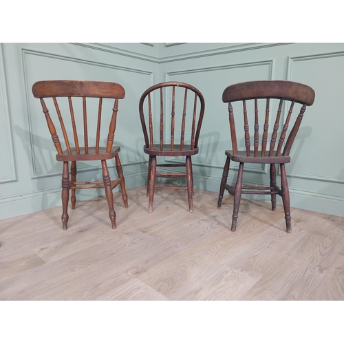 842 - Three 19th C. ash and elm kitchen chairs raised on turned legs and stretchers {Approx. 84 cm H x 37 ... 