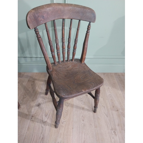 842 - Three 19th C. ash and elm kitchen chairs raised on turned legs and stretchers {Approx. 84 cm H x 37 ... 