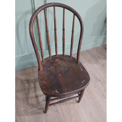 842 - Three 19th C. ash and elm kitchen chairs raised on turned legs and stretchers {Approx. 84 cm H x 37 ... 