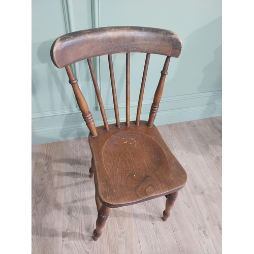 842 - Three 19th C. ash and elm kitchen chairs raised on turned legs and stretchers {Approx. 84 cm H x 37 ... 