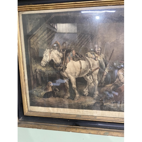 846 - 19th C. 'The Country Stable' engraving mounted in gilt and ebonised frame {62 cm H x 77 cm W}.