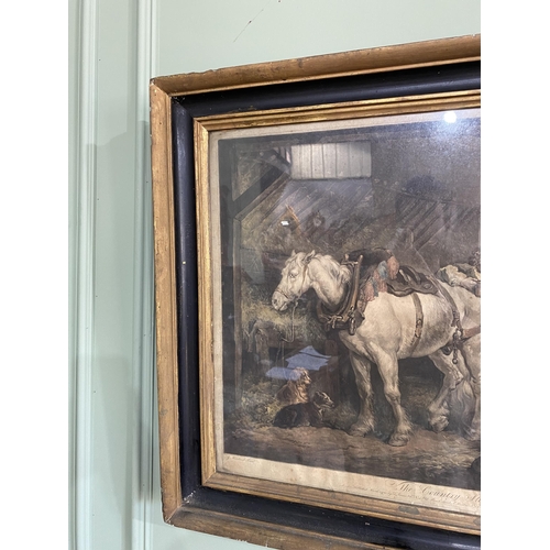 846 - 19th C. 'The Country Stable' engraving mounted in gilt and ebonised frame {62 cm H x 77 cm W}.