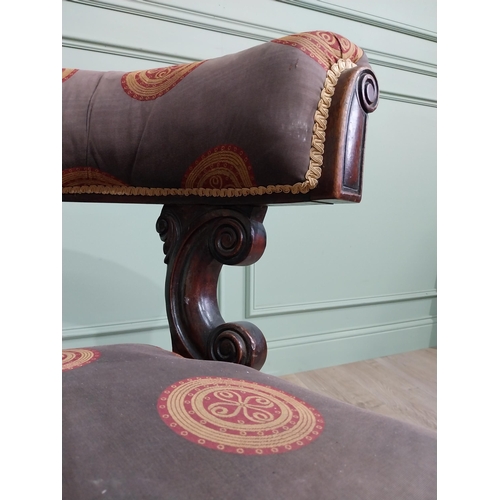 855 - Victorian mahogany and upholstered armchair raised on turned legs and brass castors {78 cm H x 77 cm... 