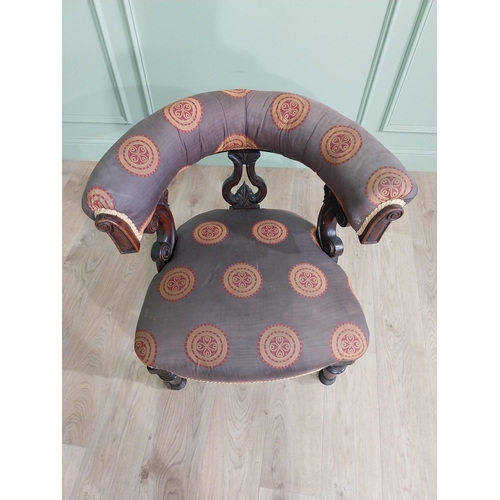 855 - Victorian mahogany and upholstered armchair raised on turned legs and brass castors {78 cm H x 77 cm... 