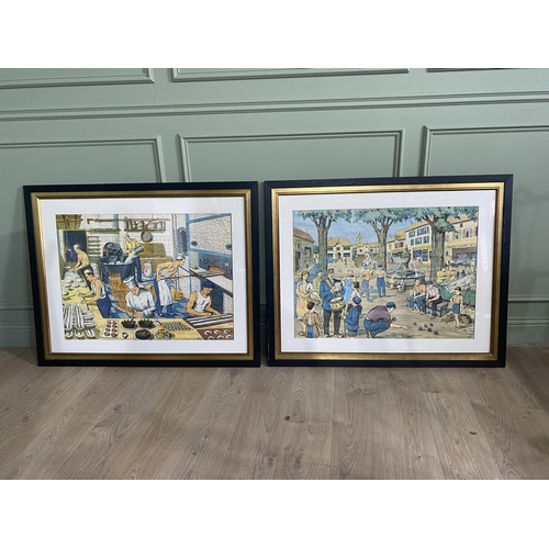 86 - Two large early 20th C. French town scenes coloured prints mounted in ebonised frames {90 cm H x 111... 