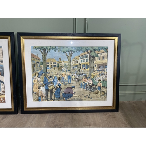 86 - Two large early 20th C. French town scenes coloured prints mounted in ebonised frames {90 cm H x 111... 