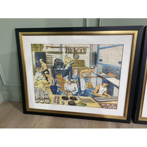 86 - Two large early 20th C. French town scenes coloured prints mounted in ebonised frames {90 cm H x 111... 