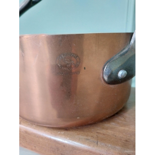 862 - Set of five good quality graduated French copper saucepans with wrought iron handles {18 cm H x 25 c... 