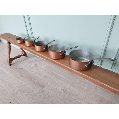 862 - Set of five good quality graduated French copper saucepans with wrought iron handles {18 cm H x 25 c... 