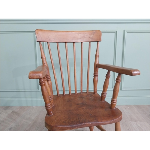 865 - 19th C. ash and elm open armchair raised on turned legs and single stretcher {97 cm H x 53 cm W x 54... 