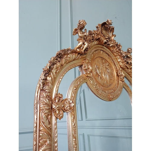 870 - Large decorative French gilt wall mirror {212 cm H x 108 cm W}.