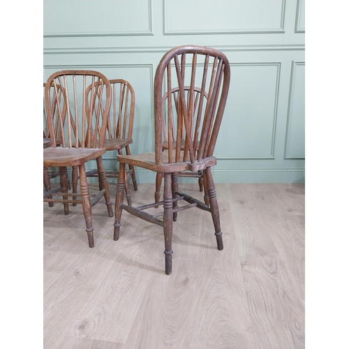 874 - Set of eight ash and elm kitchen chairs raised on turned legs {91 cm H x 37 cm W  x 45 cm D}.